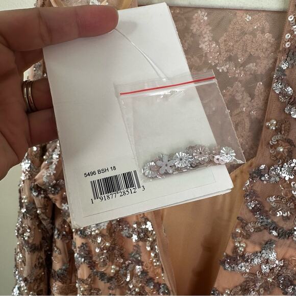 Mac Duggal Pink Embellished Illusion High Neck Long Sleeve A Line Gown Size 18 - Picture 10 of 13